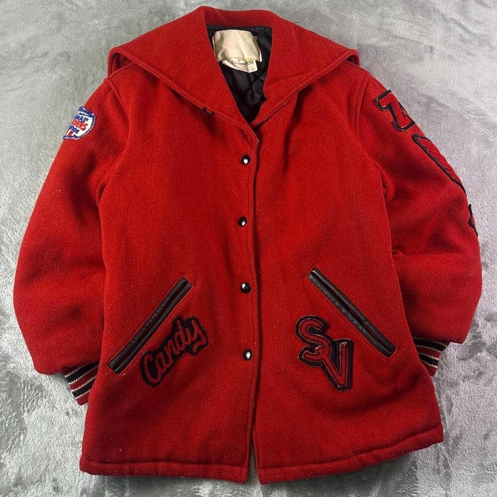 VTG 70’s Cheerleader Association Wolves Red Patched Wool Letterman Jacket Sz 16